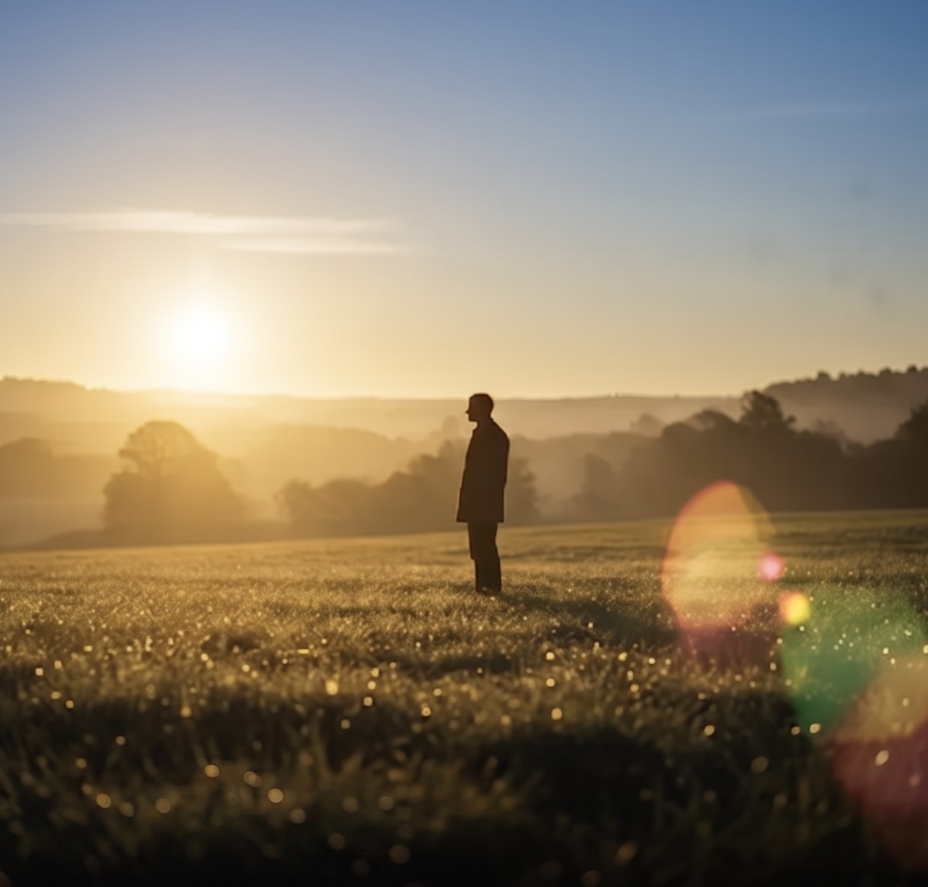 A person standing in a sunlit field at sunrise
